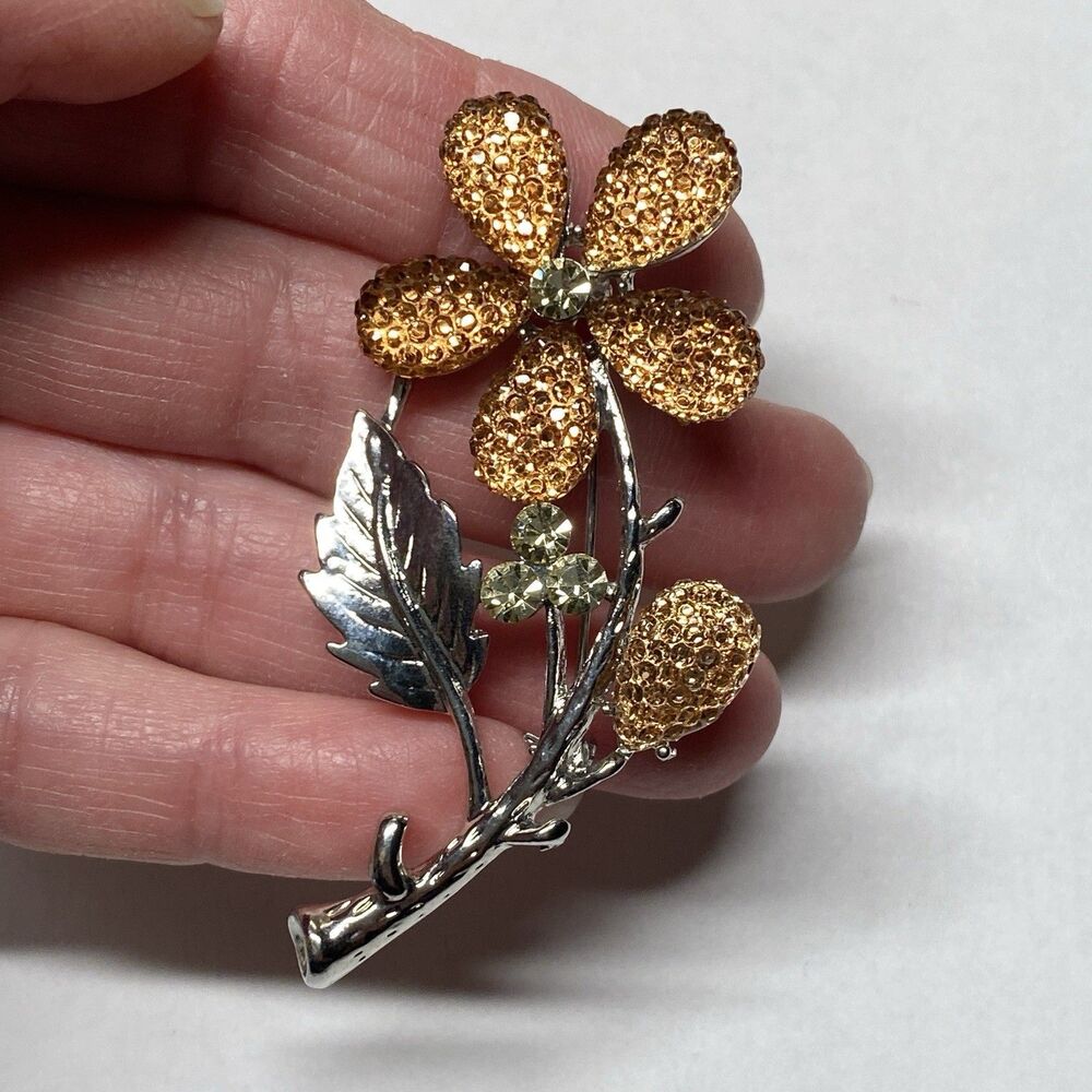 Kirk’s Folly STYLE Silver Floral Brooch Topaz and Clear Rhinestones